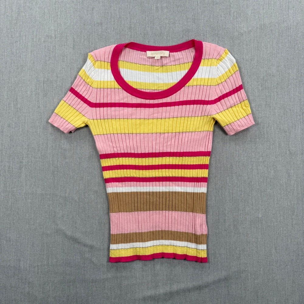 Etcetera Womens Pink Yellow Striped Ribbed Knit Metallic Scoop Neck Top Small